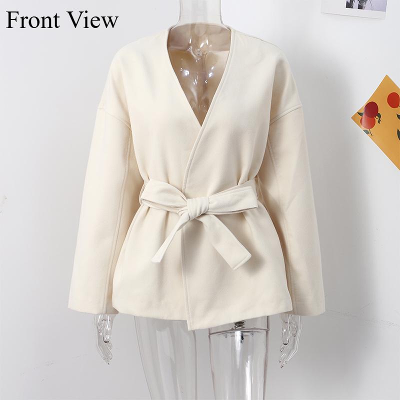 Fashion Solid Lace Up Fleece Coat Belt For Women Elegant V-neck Long Sleeve Jacket Autumn Winter Lady Street Outwear