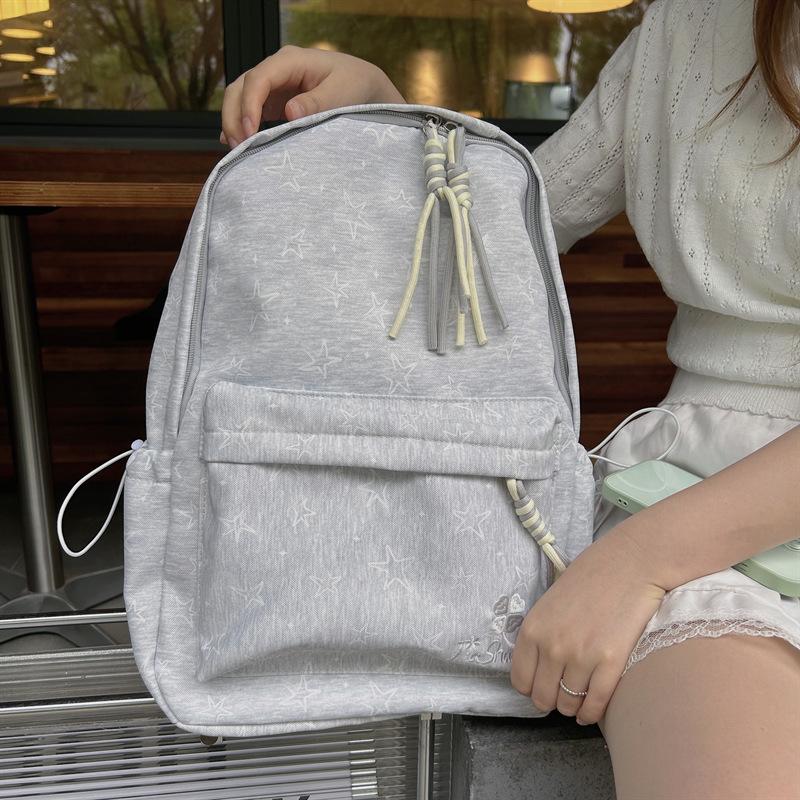 Schoolbag Starlight Fog Ash Low Saturation Polka Dot Star Backpack Student Party Daily Out on the Street Light Commuter Large Capacity School Bag