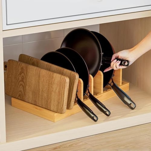 Socpuro Wooden Frying Pan Rack, Pot Lid Stand with 7 Dividers, Adjustable Spacing, Dish Drainer, 39.5*23cm, Natural Look, Space-Saving, Easy Access To