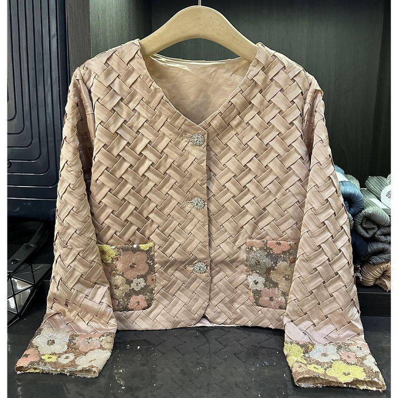 

Fashionable Sequins Woven Ruched Short Coat Temperament Commute Single-Breasted Cardigan Top Women s Autumn New Arrival Lotus root color One size