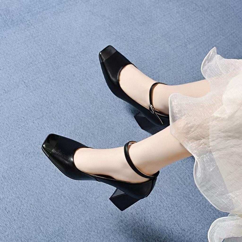 High Heels Women's Spring New One-word Buckle Shallow Mouth Single Shoes Iron Bag Head Square Head Women's Shoes Mary Jane Shoes