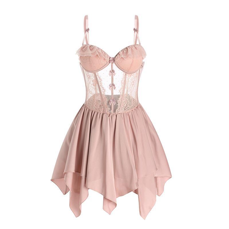 Guiruo Satin Lace Nightdress & Robe Set with Chest Pad