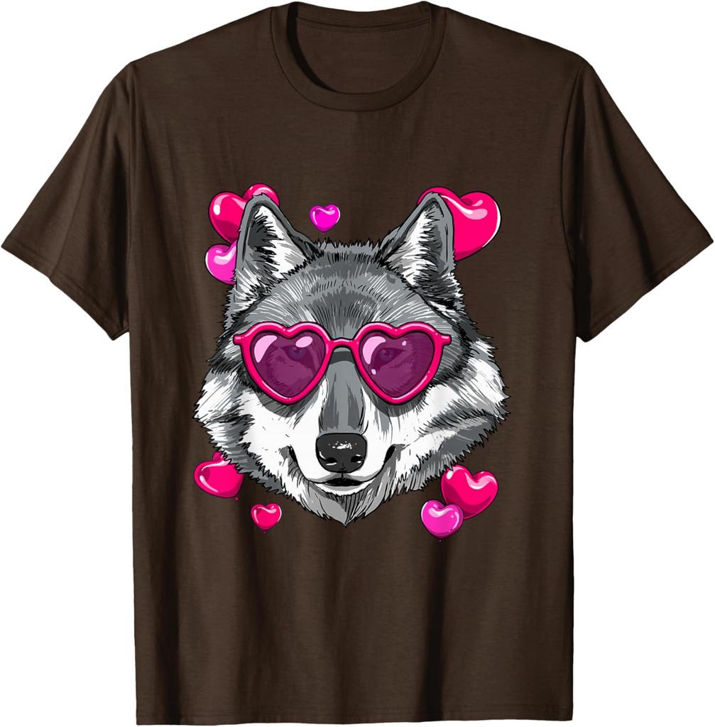 Wolf Lover Heart Sunglasses Valentine Graphic Tee Soft Casual Crewneck T-Shirt