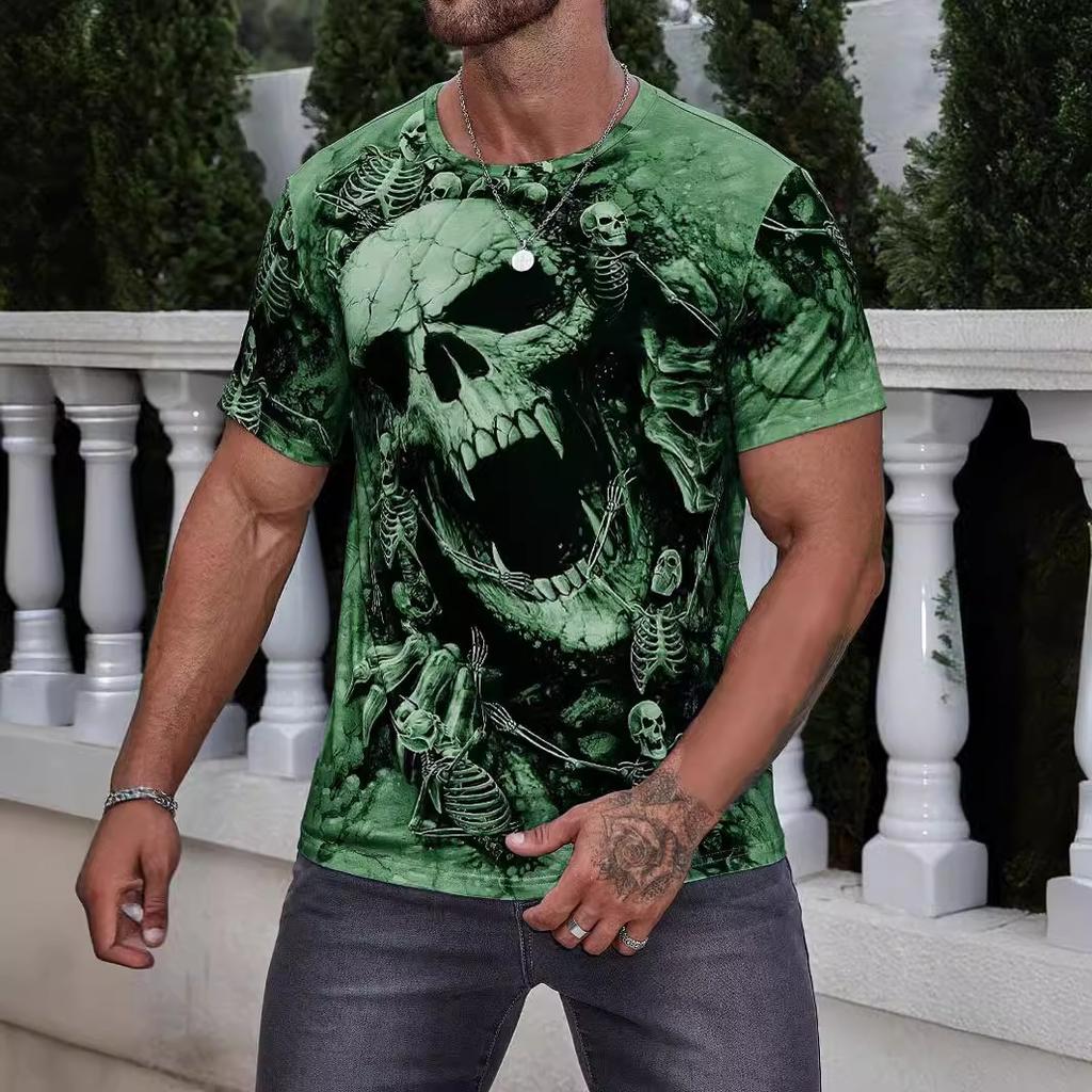 Summer Round Neck 3D Skull and Skeleton Graphic Print Top Fashionable Casual Short Sleeved Men's T-shirts