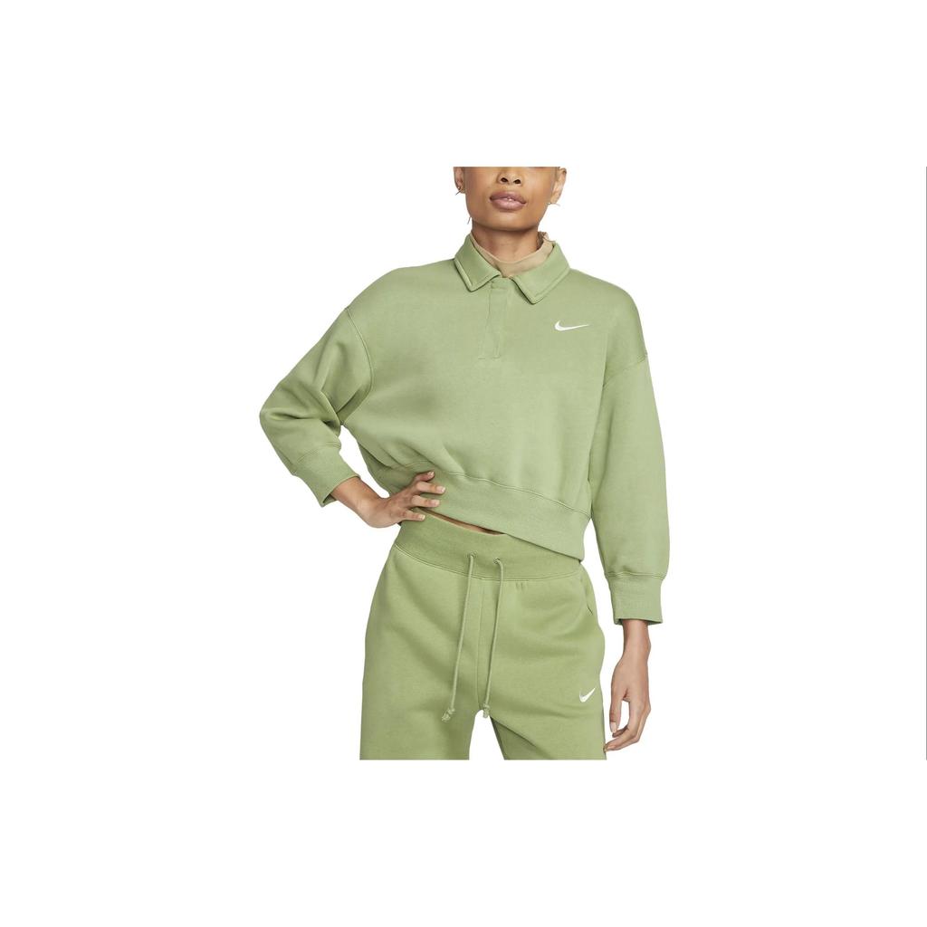 Nike Solid Color Long Sleeve Polo Shirt Women tops Matcha DQ5868-334