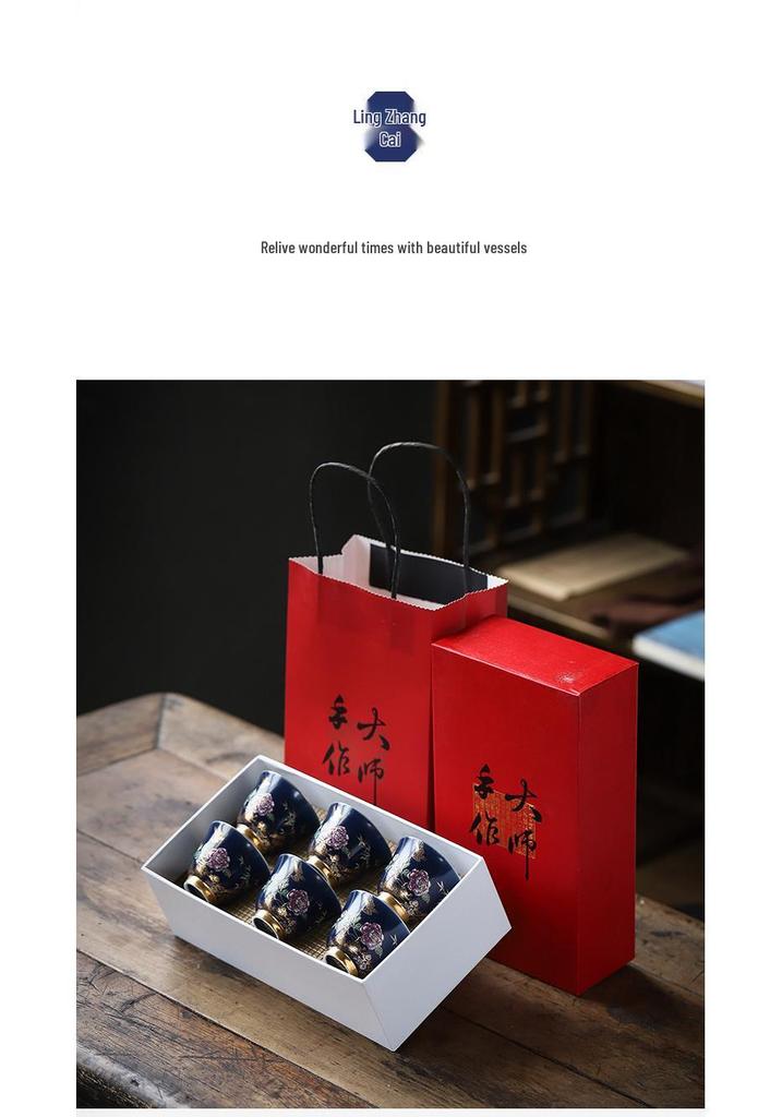 Sky Blue Gold-Accented Small Teacup Set for Home, Personalized Kung Fu Tea Tasting, Six-Cup Gift Box for Gifting.