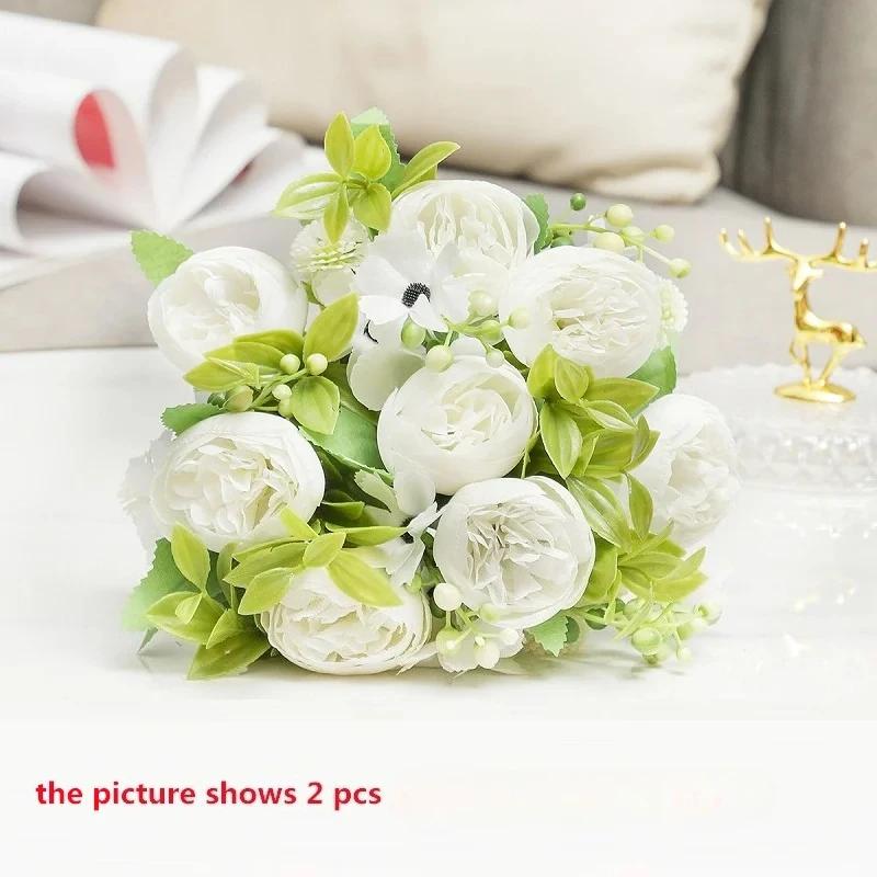 

Green Aloes 2pcs Wedding Pink Peony Daisy Bouquet Artificial Flowers Simulation Chogori Peonies Silk Fake Flower Hall Decorative
