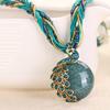 Bohemian Women Rhinestone Inlaid Peacock Round Faux Opal Pendant Necklace Gift
