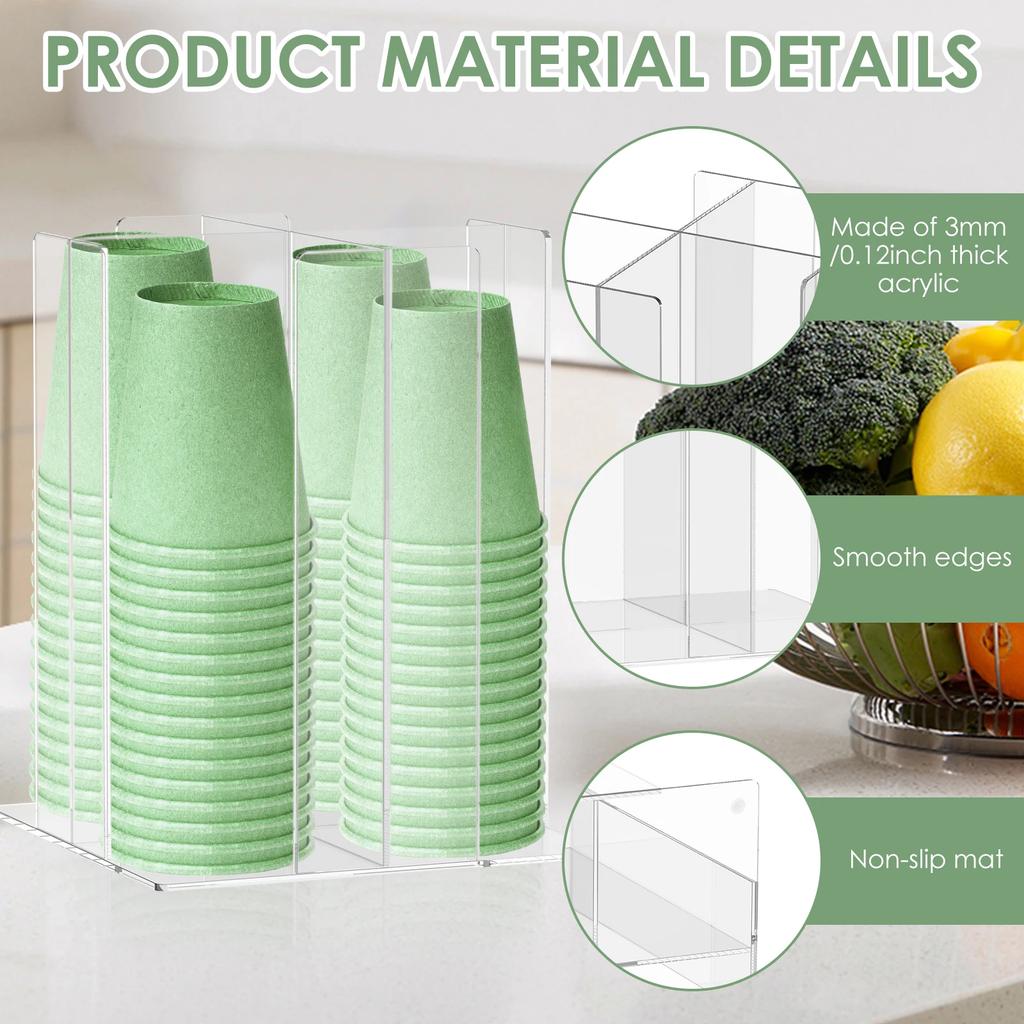 1/2/4 Compartment Paper Cup Storage Holder Acrylic Transparent Paper Cup Dispenser Vertical Disposable Cup Holder for Kitchen
