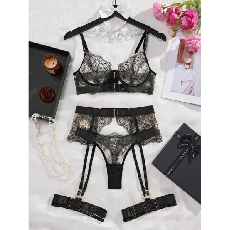 2024 New Erotic Set See-Through Embroidered Sexy Eyelash Lace Body Shaping Lingerie Four-Piece Set Women Onlyfan