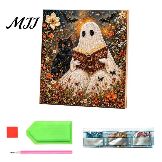 Home Office Desktop Decor Halloween Faux Pearl Art DIY Kit, Spooky Cute 3D Beads Painting Crafts Pre Stretched Canvas for Adults Beginners,