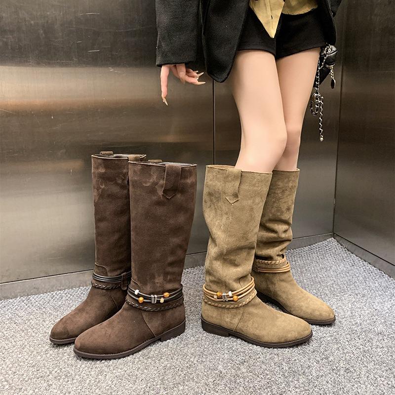 Cowhide version~ Power power thick heel western cowboy boots women's retro thin long tube stacking boots tall knight boots