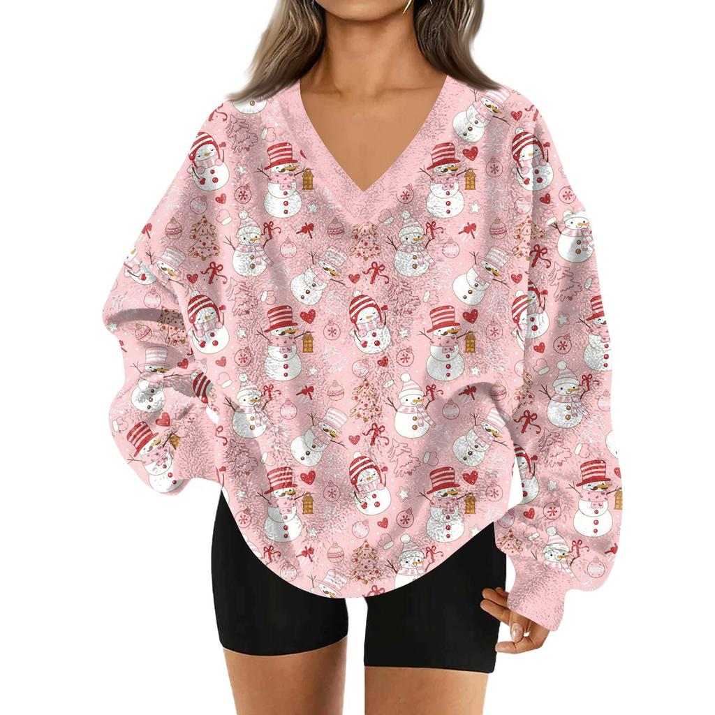 Women's Fashionable V-neck Christmas Printed Long Sleeved Casual Pullover Plush Warm Pocket Sweatshirt Top