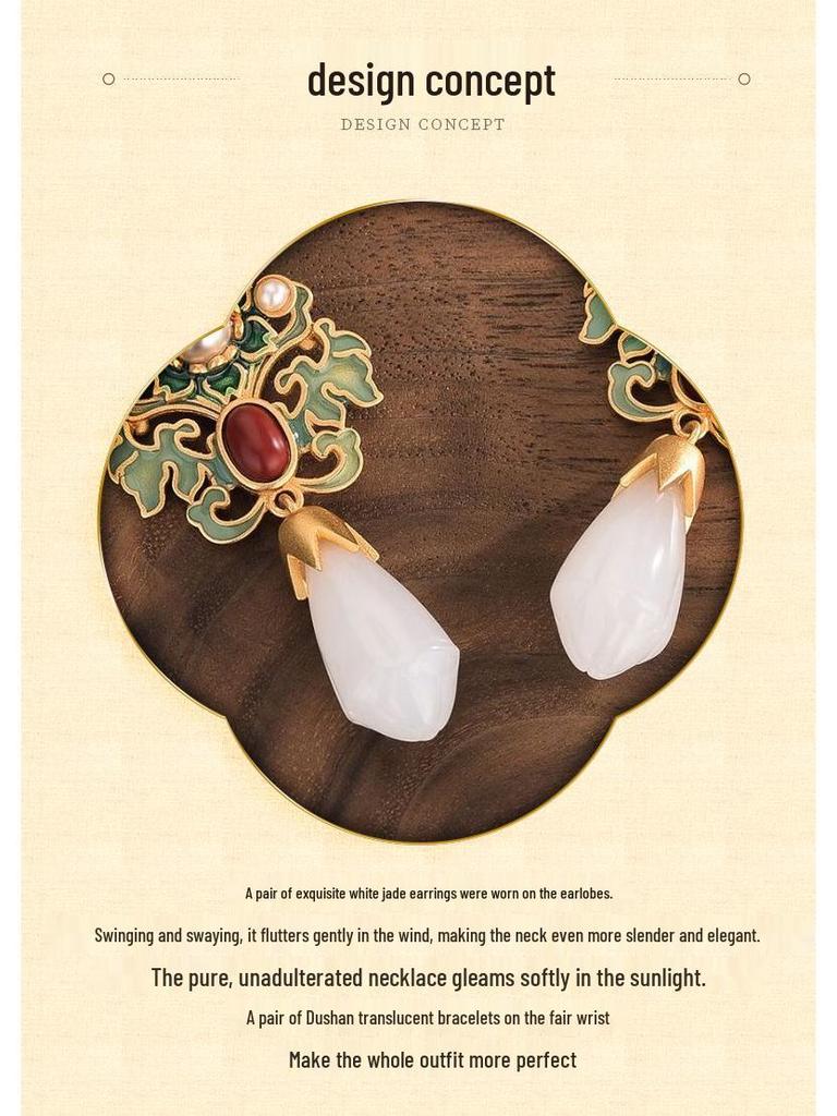 Retro Magnolia Fairy Earrings: Enamel Cloisonné & White Jade Cheongsam Style