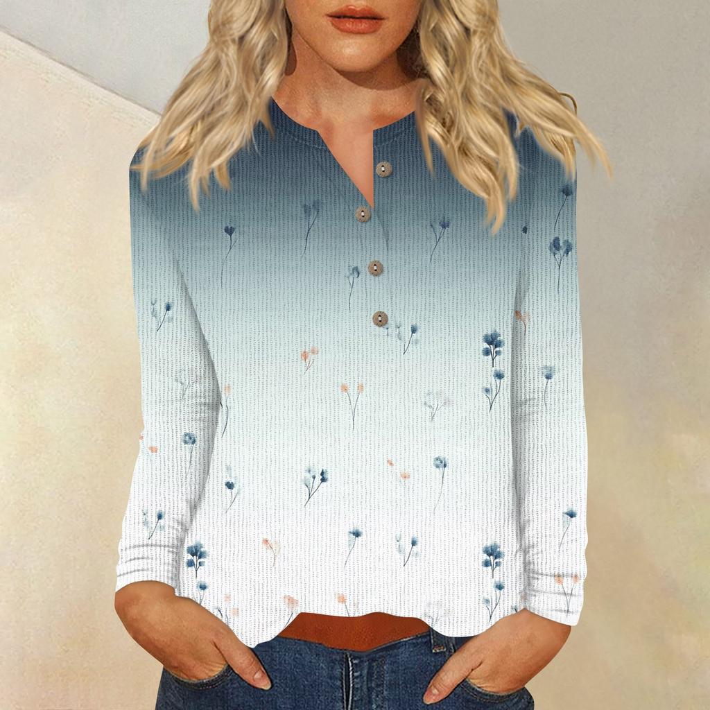 Women's T Shirt Tee Print Button Long Sleeve Daily Weekend Fashion Basic V- Neck Regular Top