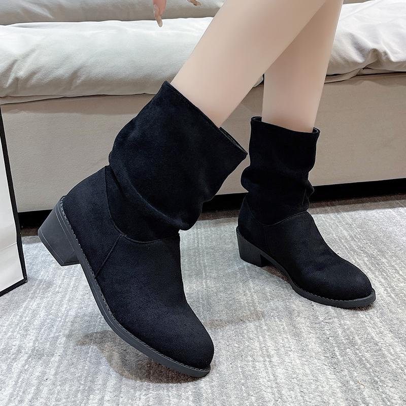 2024 Winter Women's New Western Boots Fashionable Thick Heel Slip-on Ankle Boots Women's Outdoor High Heel Mid-calf Boots