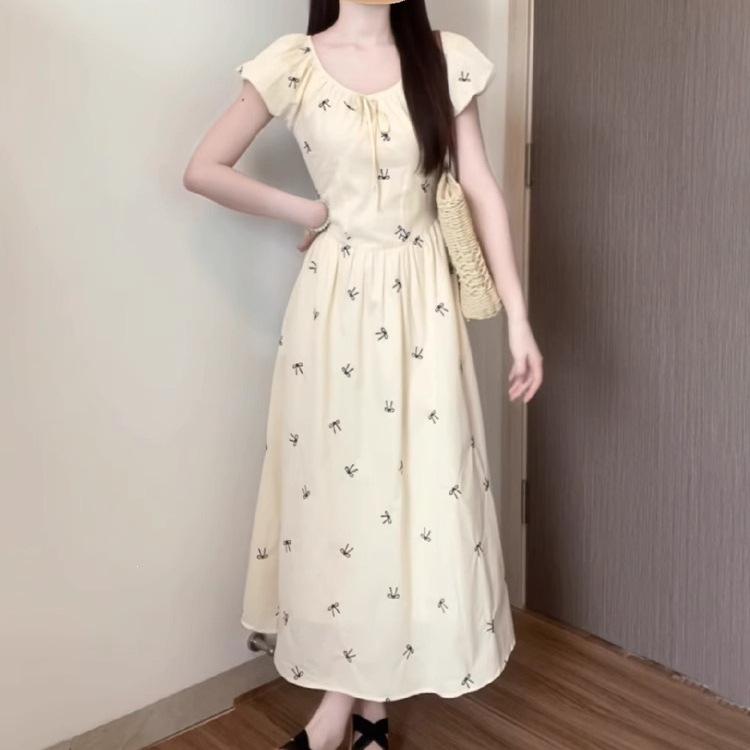 Elegant temperament wind printing bubble sleeve dress high sense women's summer French beautiful A word long dress wholesale