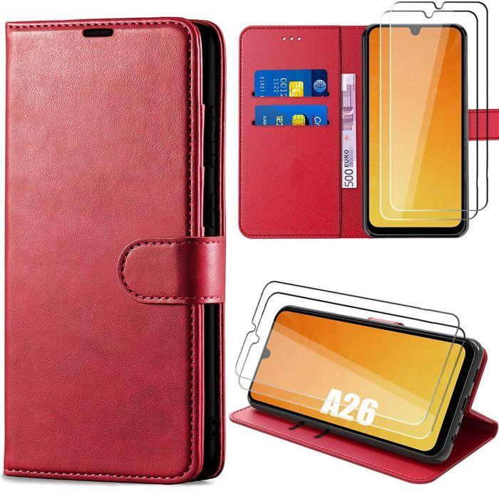 Coque de protection - BOOLING - pour Samsung Galaxy A26 5G - Cuir Synthétique Rouge - 2 Verres Trempés - Antichoc
