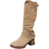 2025 new belt buckle boots women's thick heel high heel stacking boots European and American western cowboy boots frosted knight boots