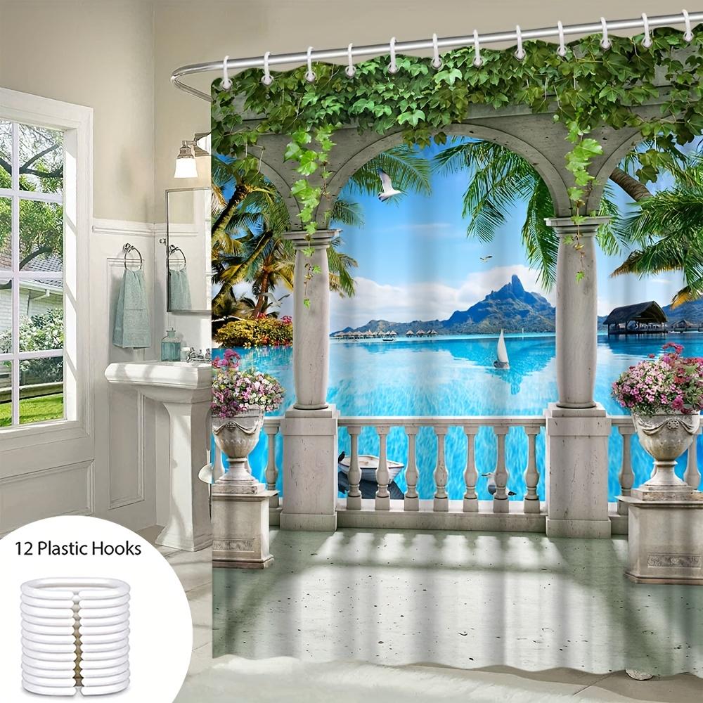 Enhance Your Bathroom with a Waterproof Shower Curtain Featuring a Serene Tropical Balcony for a Luxurious Experience