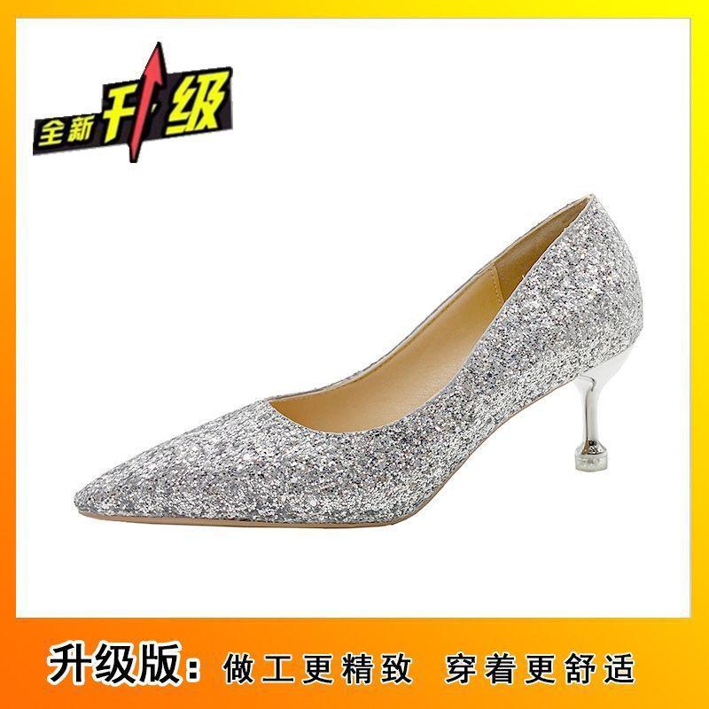 Fashion thin heels high heels not tired feet wedding shoes French bride wedding shoes high sense sequins bridesmaid shoes 2025 new