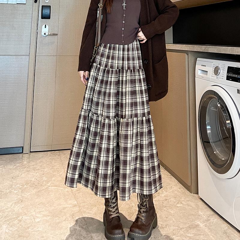 Spring 2025 Women's Navy Blue Plaid A-Line Patchwork Umbrella Skirt