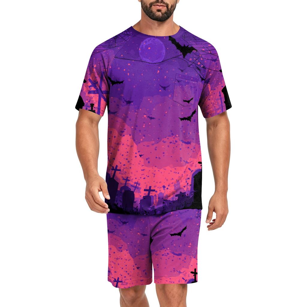 Men's Halloween Casual Pajama Set Short Sleeve Top and Shorts Comfortable Lightweight Sleepwear Set for Home Relaxation