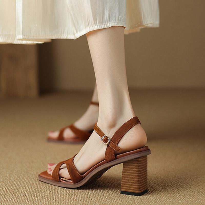 Fashion NEW Summer Women Sandals Genuine Leather Shoes for Women Square Toe Chunky Heel Shoes Casual Narrow Band Gladiator Brown Shoes