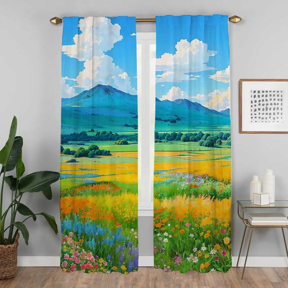 Healing Is a Pastoral Illustration Kitchen Curtains 2 Pieces Home Interior Curtains for Camera Window Curtain Shades Partition