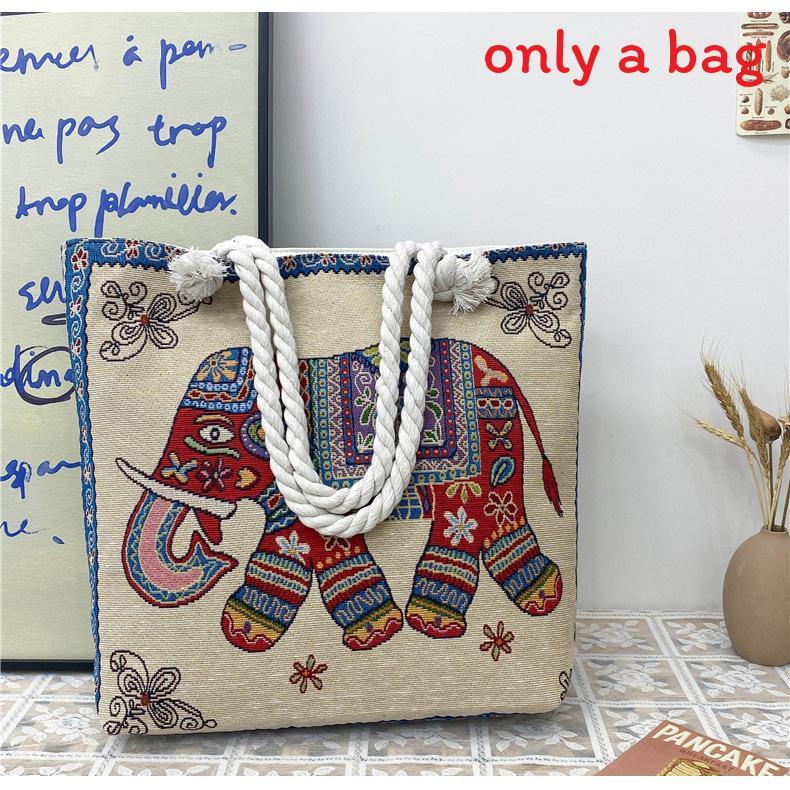Ethnic Style Elephant Embroidered Canvas Shoulder Bag With Cotton Rope Strap For Casual Travel