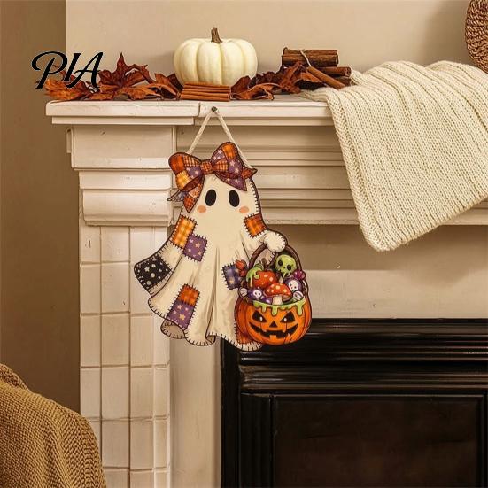 Cute Ghost Plaque Halloween Bow Door Sign, Wooden Patchwork Hanging with Pumpkin Candy Basket, Wood Craft Decoration Retro Wall Pendant Lanyard