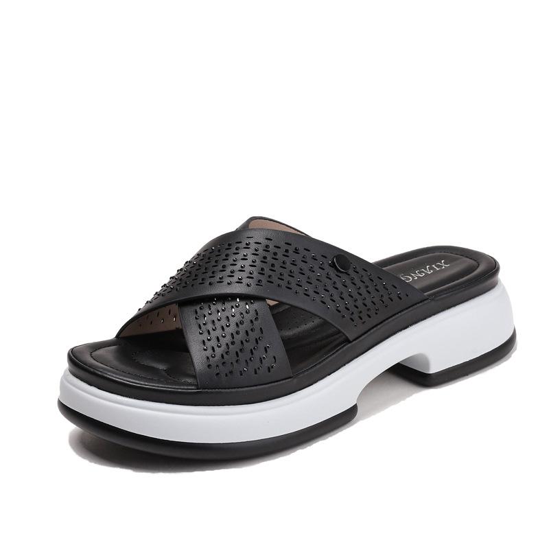 

Rhinestone platform slippers women s summer wear new muffin stepping on shit feeling seaside with skirt beach shoes 36 чёрный