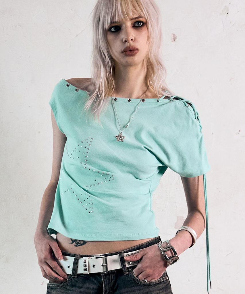 Nasnoing One Shoulder Lace Up Top (Mint)