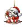 Acrylic Teacup Cat Hanging Ornaments Cute Cartoon Cat Christmas Ornament 2D Flat Car Mirror Charm for Christmas Tree Decoration KTY