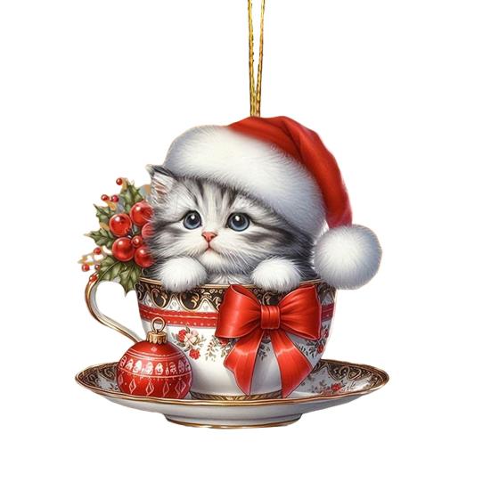 Acrylic Teacup Cat Hanging Ornaments Cute Cartoon Cat Christmas Ornament 2D Flat Car Mirror Charm for Christmas Tree Decoration KTY