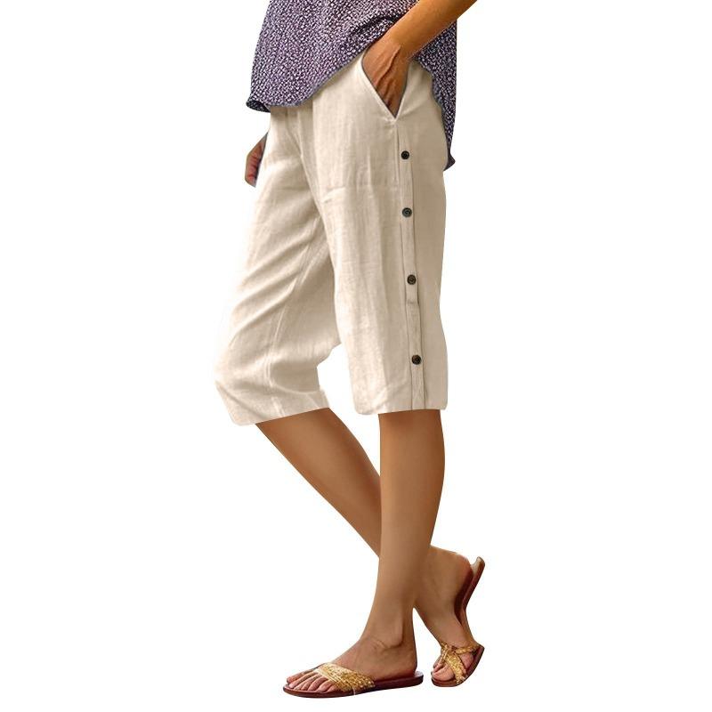 Women's Olive Green Linen Blend Capri Pants with Side Button Detail Casual Loose Summer Trousers