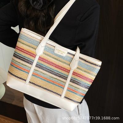2025 New Fashion Commuter Large Capacity Straw Bag Women's Summer Popular Shoulder Bag Rainbow Tote Bag