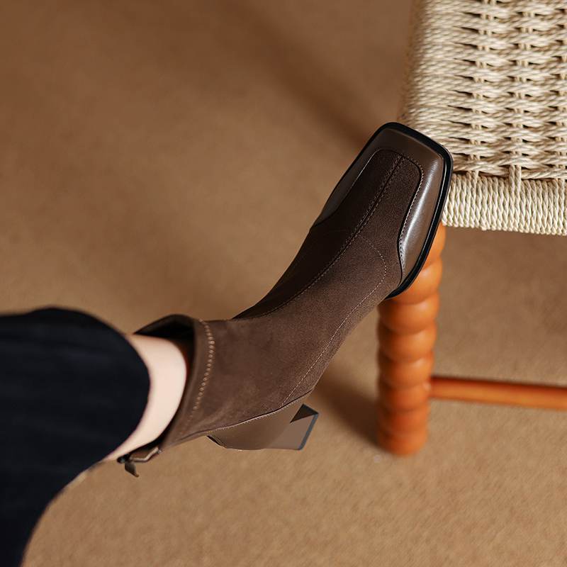 Krazing Pot Flock Autumn Winter Shoes Thick High Heels Big Size 40 Modern Boots Square Toe Keep Warm Zip Ankle Boots