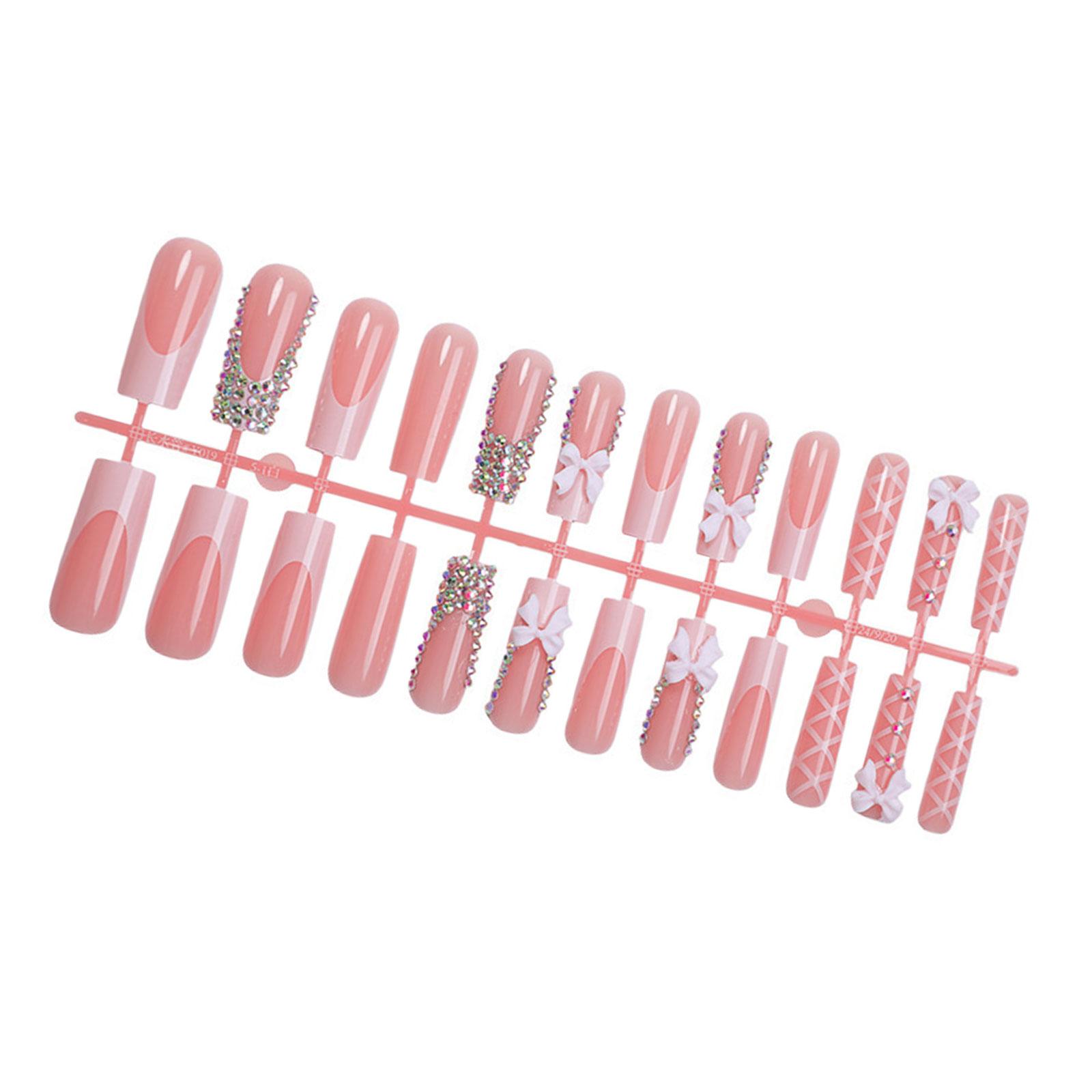 

24 шт. элегантных длинных квадратных искусственных ногтей с симпатичными 3D-бантиками и стразами, легкое нанесение, накладные ногти для женщин
