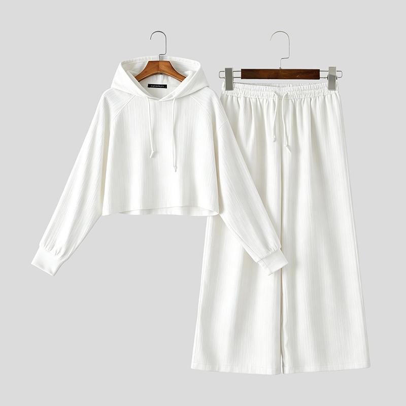INCERUN Mens Two Piece Outfits Hoodie Cropped Pullover and Wide Leg Pants Drawstring Sets
