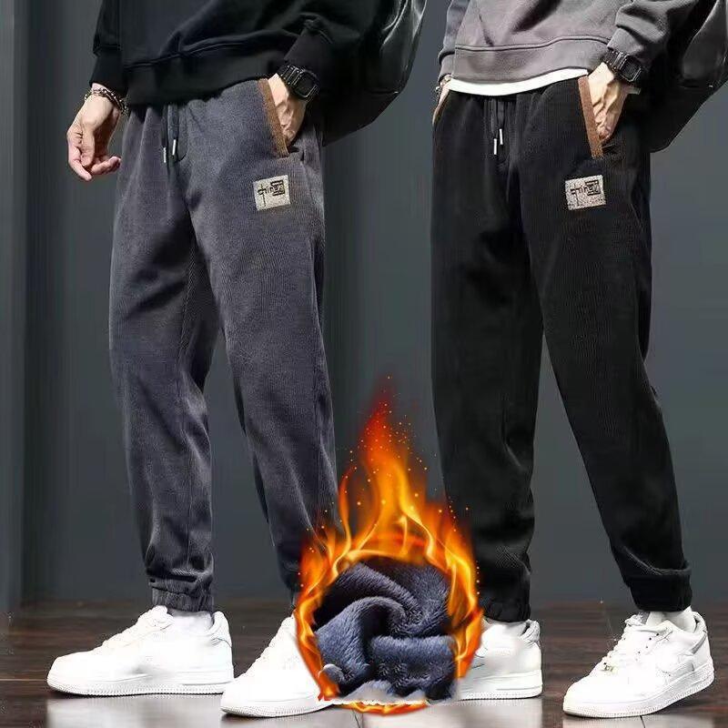 Zimní zesílený fleece pánské kalhoty zateplené ležérní výšivka písmenková fleecová vložka tlusté kalhoty venkovní zateplené teplé tepláky