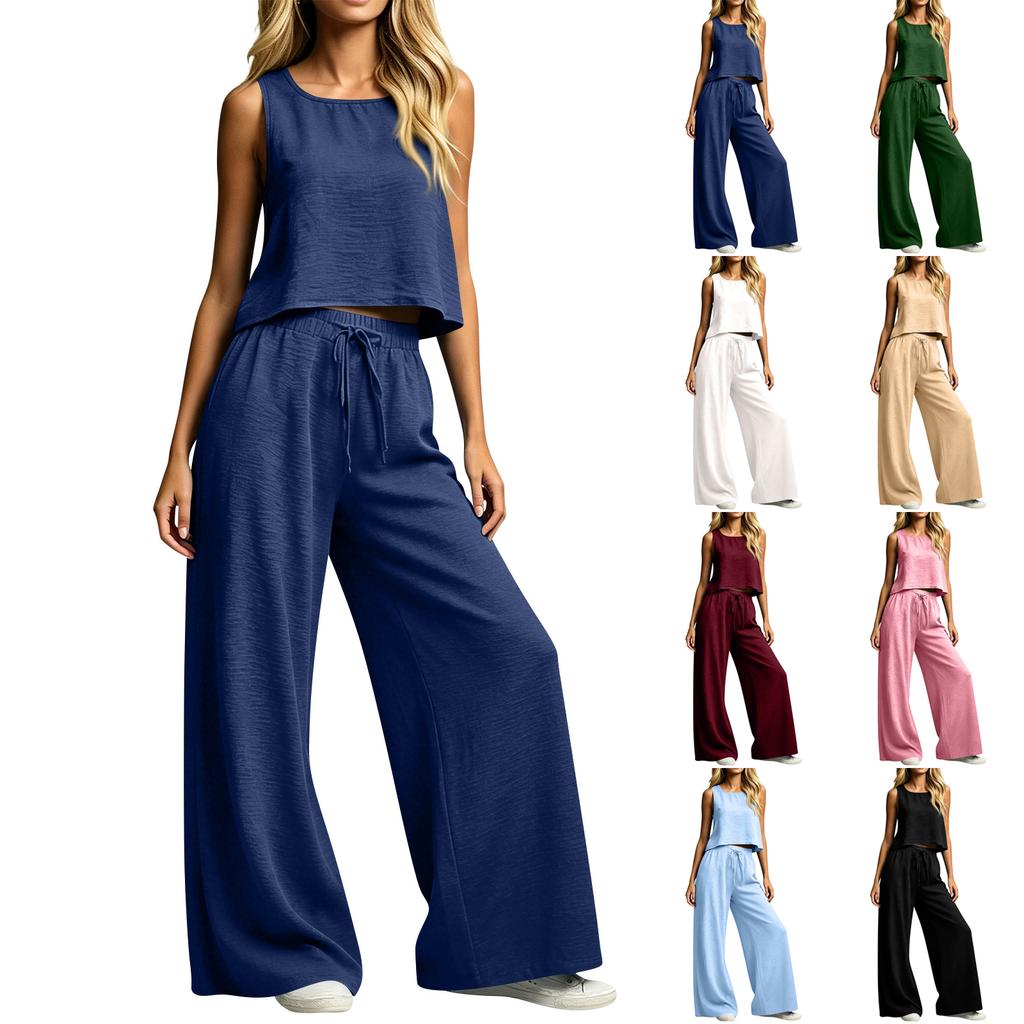 Damen Zweiteiler Ärmelloses Lockeres Oberteil und Weite Hose mit Kordelzug Loungewear Weiches Leichtes Outfit
