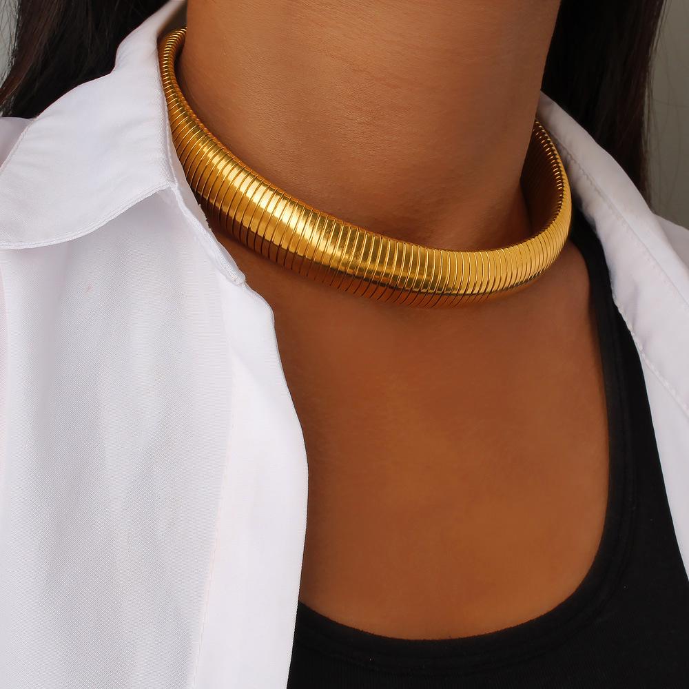 European Punk 18K Gold Titanium Steel Elastic Choker Necklace with Goose Throat Collar