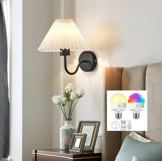 American-Style Wireless RGB Wall Lamp with Remote Control and Fabric Shade for Bedside, Living Room, or Stairwell