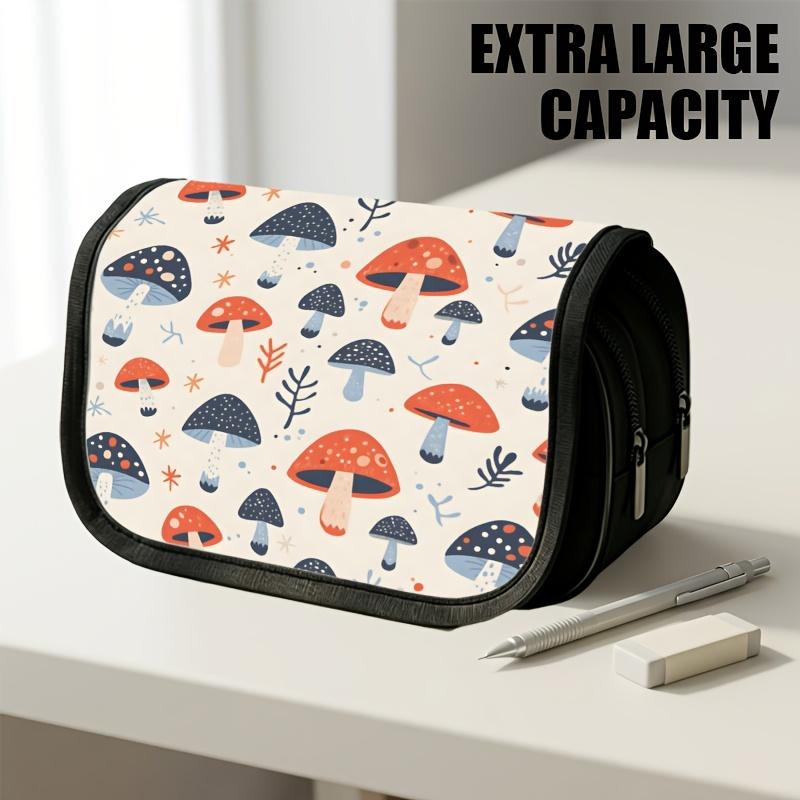 1pc Double Layer Flip Pencil Case, Blue - Red Mushroom Pattern, Large Capacity, Portable Polyester Pen Storage Bag with Zipper Closure, Ideal for Scho