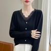2024 Autumn Women's V-neck Lace Trim Knitted Sweater