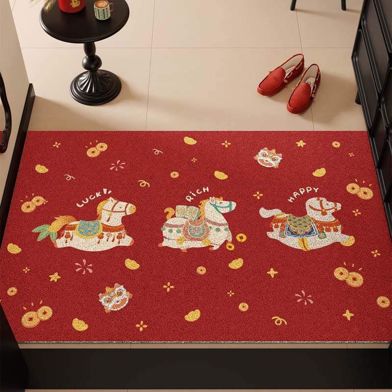 Year Of The Horse Entry Door Floor Mat Can Be Cut Silk Circle Red Festive And Dirt-Resistant Door Floor Mat Entry Door Mat