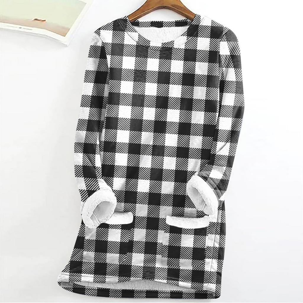 Women's Fashion Plaid Print Round Neck Long Sleeve Plush Winter Warm Pullover Top