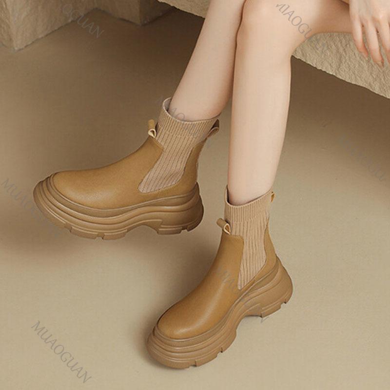Fashion Knitted Patent Leather Sock Boots for Women Fashion New Thick Bottom Round Head Ankle Boots Casual Spring Autumn Women's Shoes