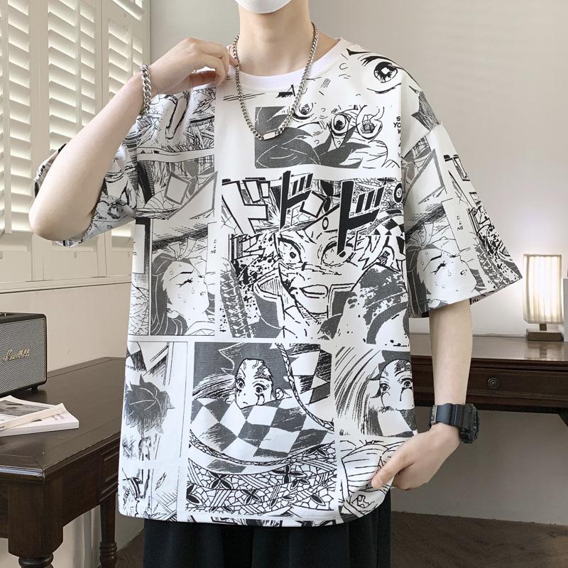 Large Size Trendy Anime Full Print Short Sleeved Men's Japanese Loose Casual Top
